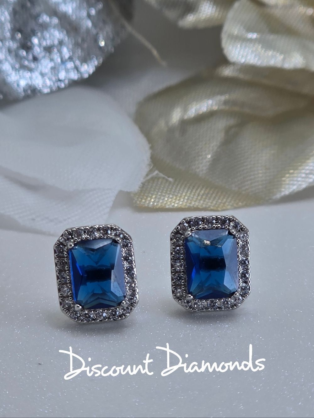 Dark Blue Sapphire & Clear White Baguette Diamond  Earrings on  925 Silver